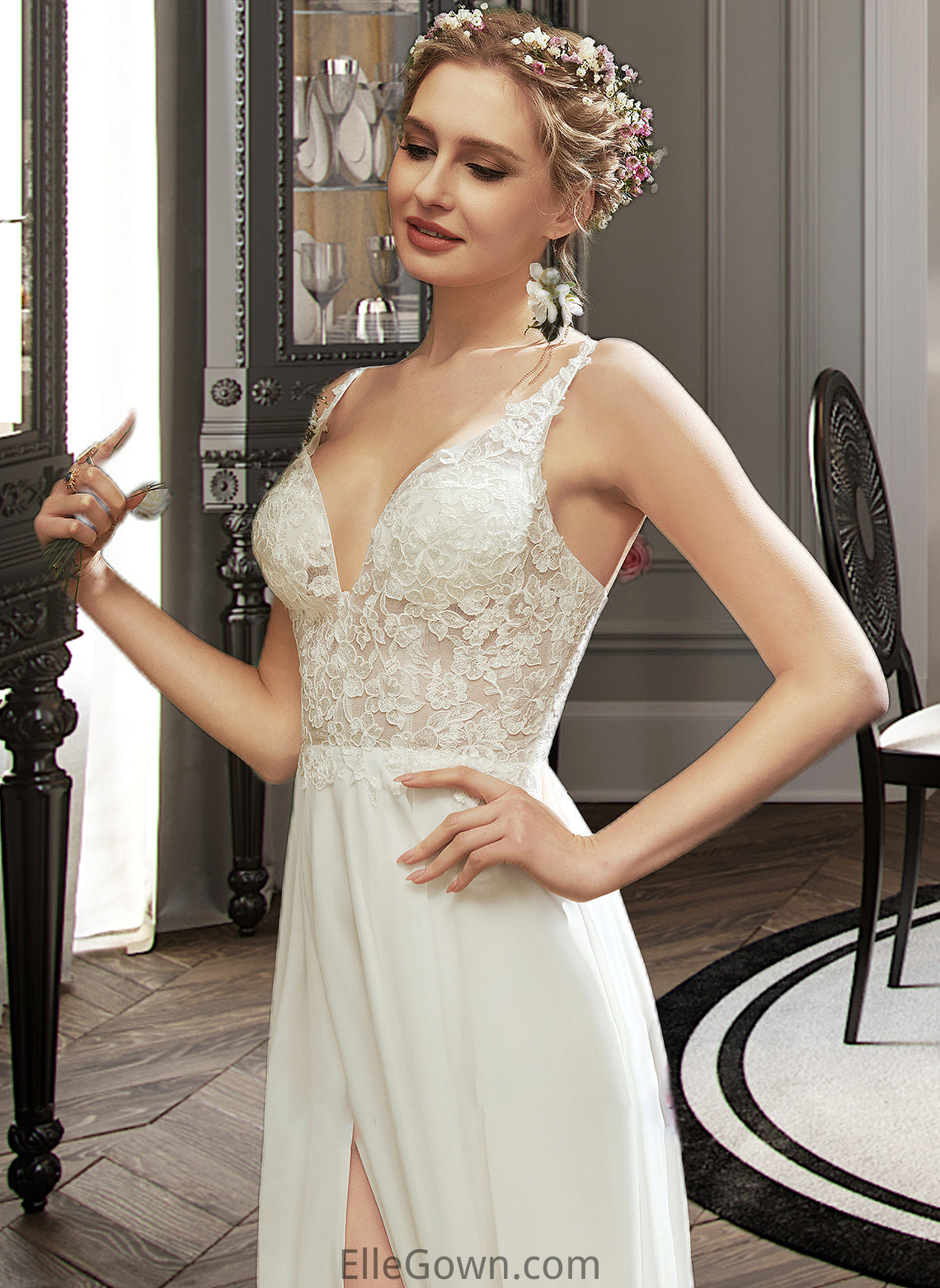 Melany A-Line V-neck Floor-Length Wedding Dress With Lace Split Front DEP0013815