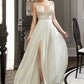 Melany A-Line V-neck Floor-Length Wedding Dress With Lace Split Front DEP0013815