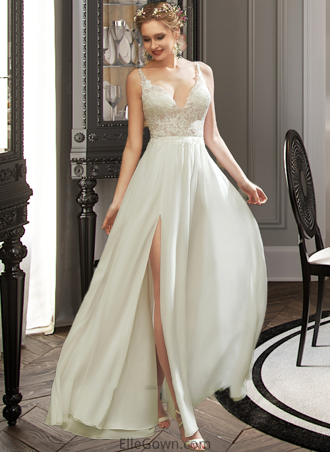 Melany A-Line V-neck Floor-Length Wedding Dress With Lace Split Front DEP0013815