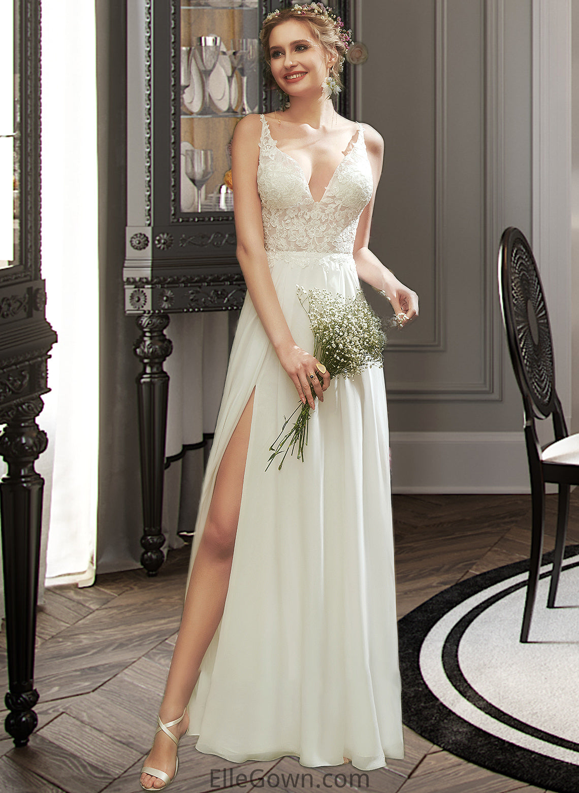 Melany A-Line V-neck Floor-Length Wedding Dress With Lace Split Front DEP0013815