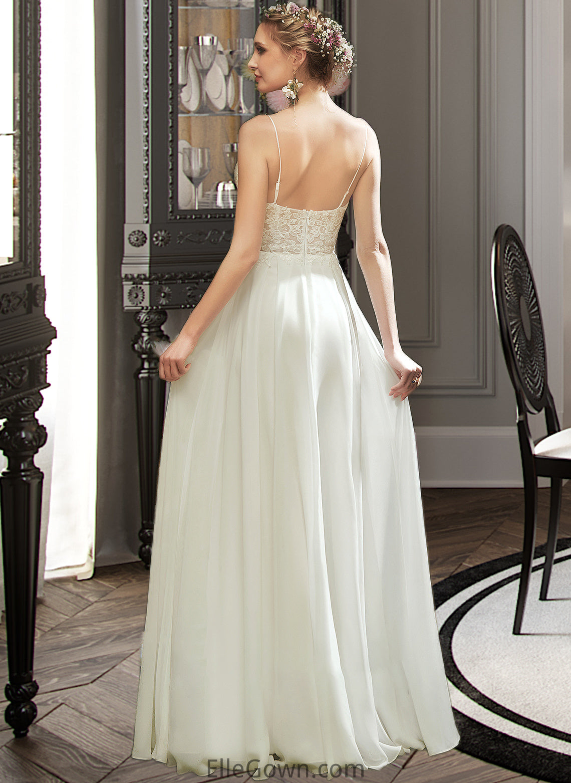 Melany A-Line V-neck Floor-Length Wedding Dress With Lace Split Front DEP0013815