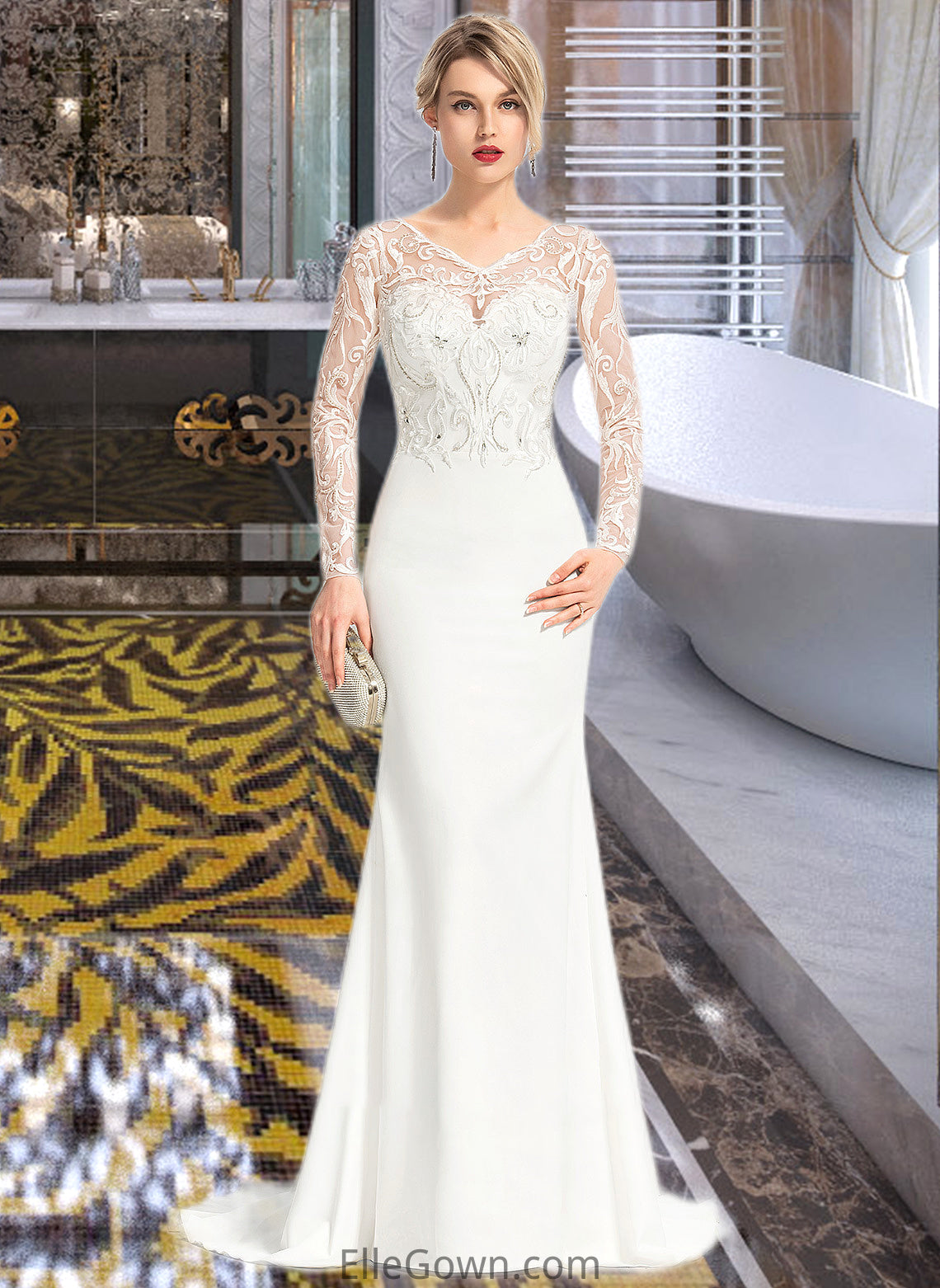 Valeria Trumpet/Mermaid V-neck Sweep Train Stretch Crepe Wedding Dress With Beading Sequins DEP0013816