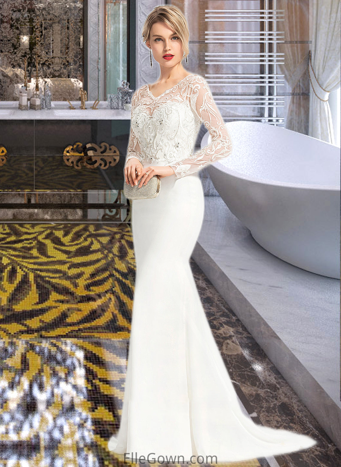 Valeria Trumpet/Mermaid V-neck Sweep Train Stretch Crepe Wedding Dress With Beading Sequins DEP0013816