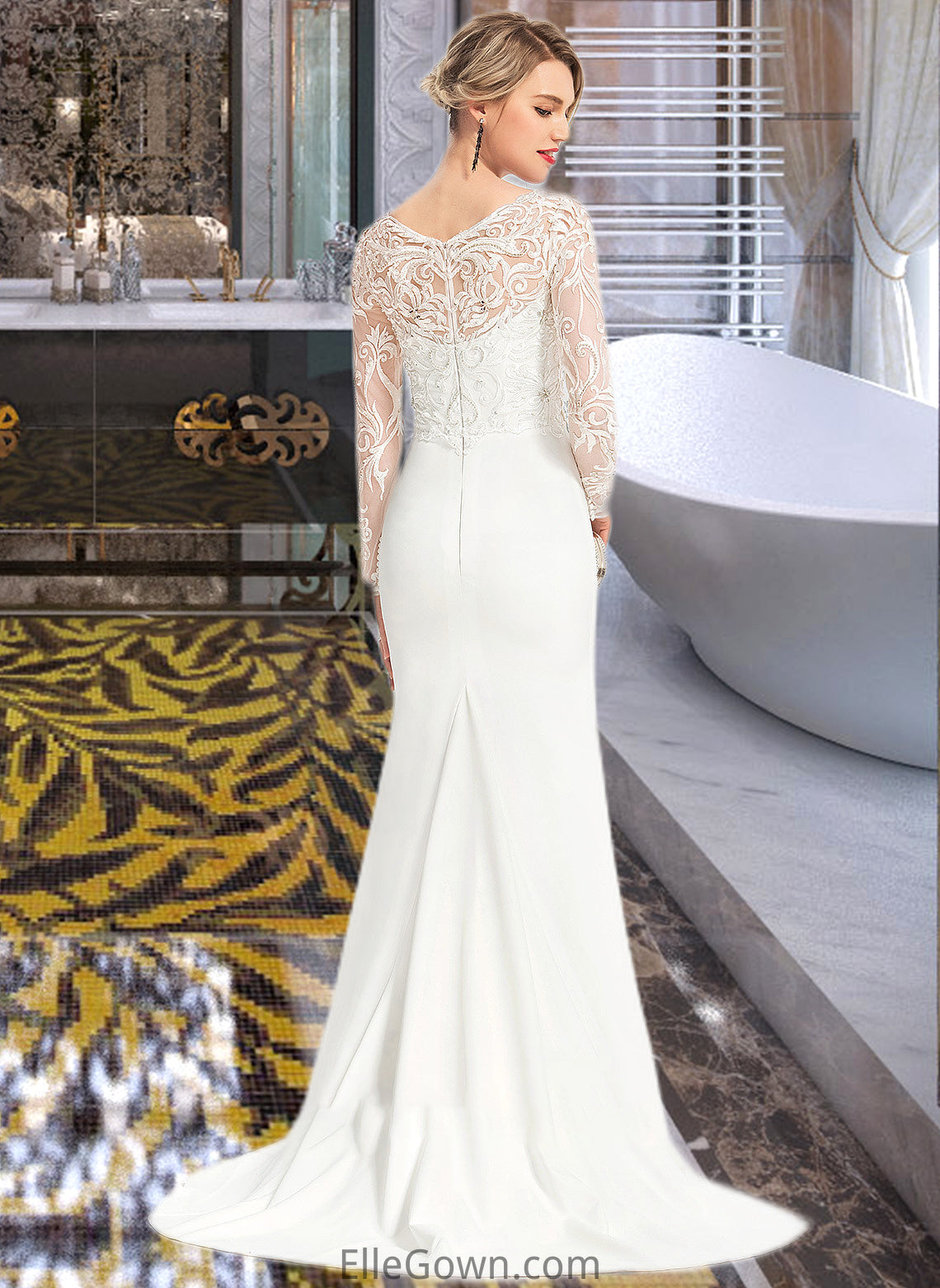 Valeria Trumpet/Mermaid V-neck Sweep Train Stretch Crepe Wedding Dress With Beading Sequins DEP0013816