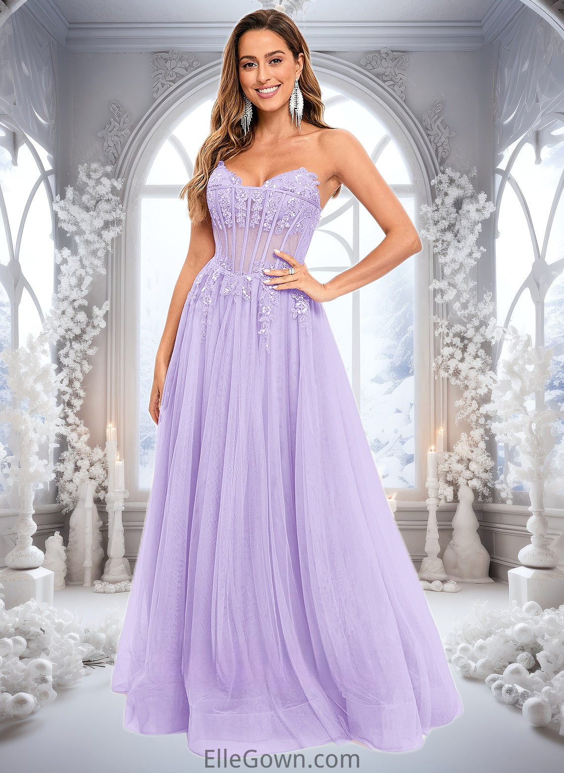 Maeve Ball-Gown/Princess V-Neck Floor-Length Tulle Prom Dresses With Sequins Appliques Lace DEP0025837