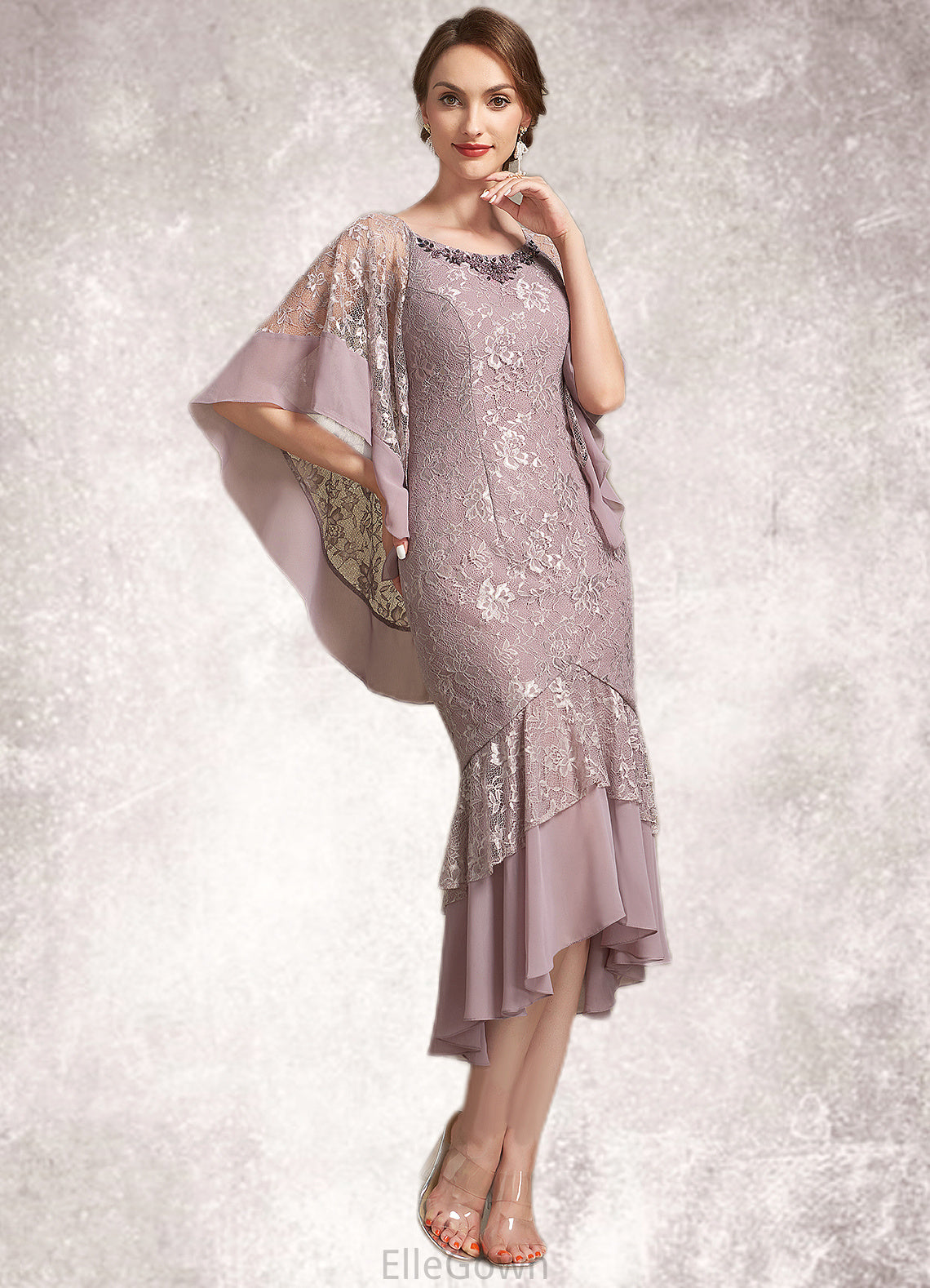 Brooklynn Trumpet/Mermaid Scoop Neck Asymmetrical Chiffon Lace Mother of the Bride Dress DE126P0014945