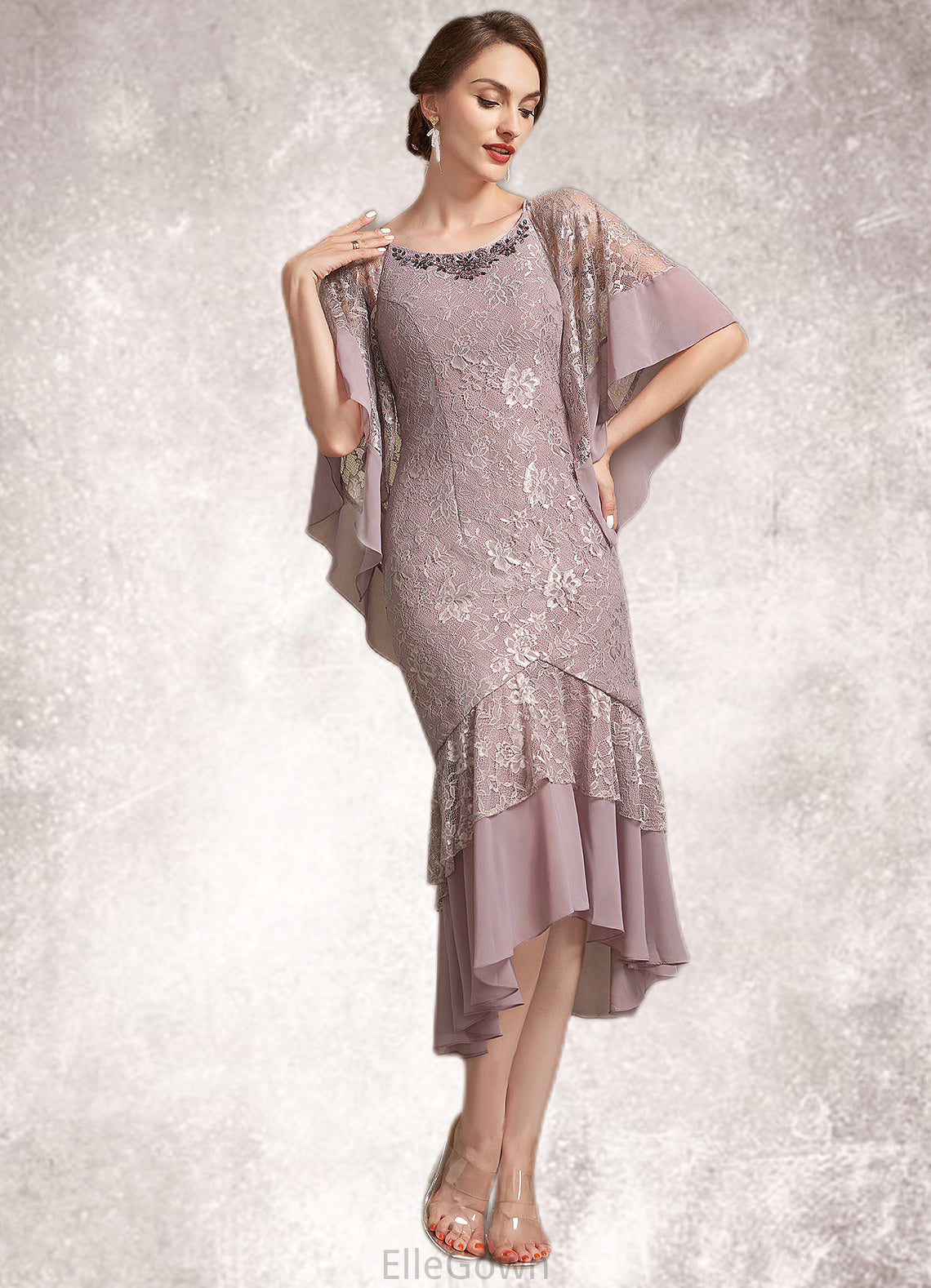 Brooklynn Trumpet/Mermaid Scoop Neck Asymmetrical Chiffon Lace Mother of the Bride Dress DE126P0014945