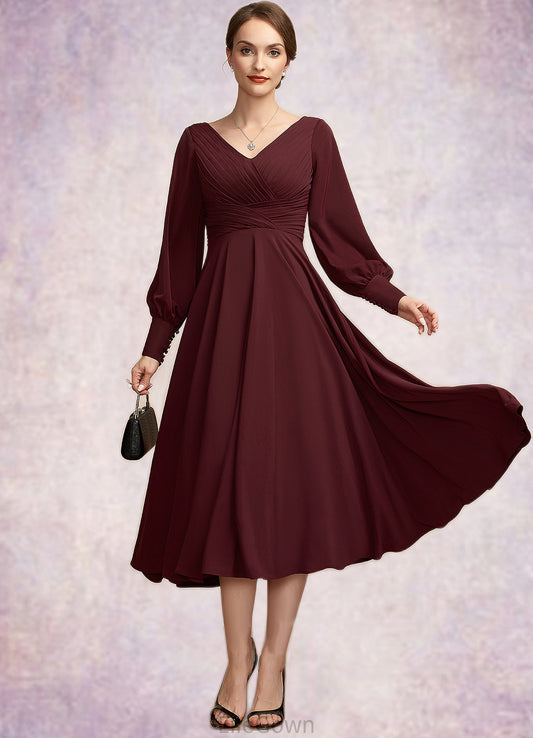 Aliya A-Line V-neck Tea-Length Mother of the Bride Dress With Ruffle DE126P0014948