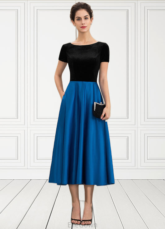 Jamie A-Line Scoop Neck Tea-Length Satin Velvet Mother of the Bride Dress With Pockets DE126P0014950