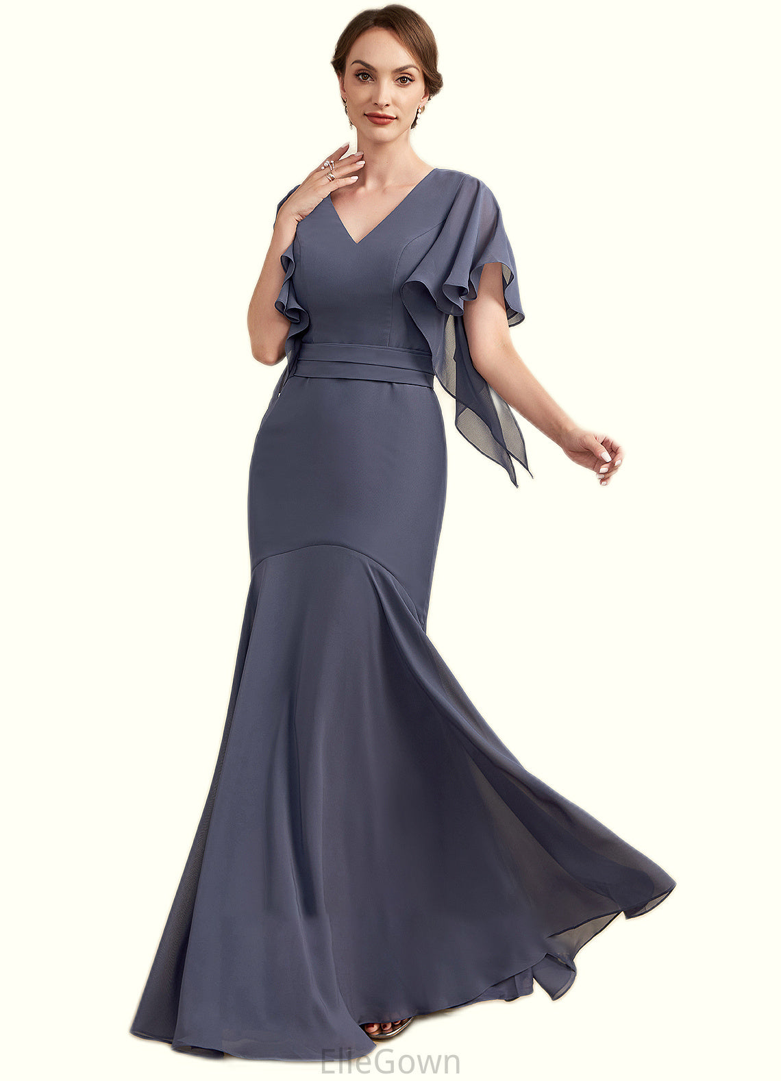 Jamie Trumpet/Mermaid V-neck Floor-Length Chiffon Mother of the Bride Dress DE126P0014951