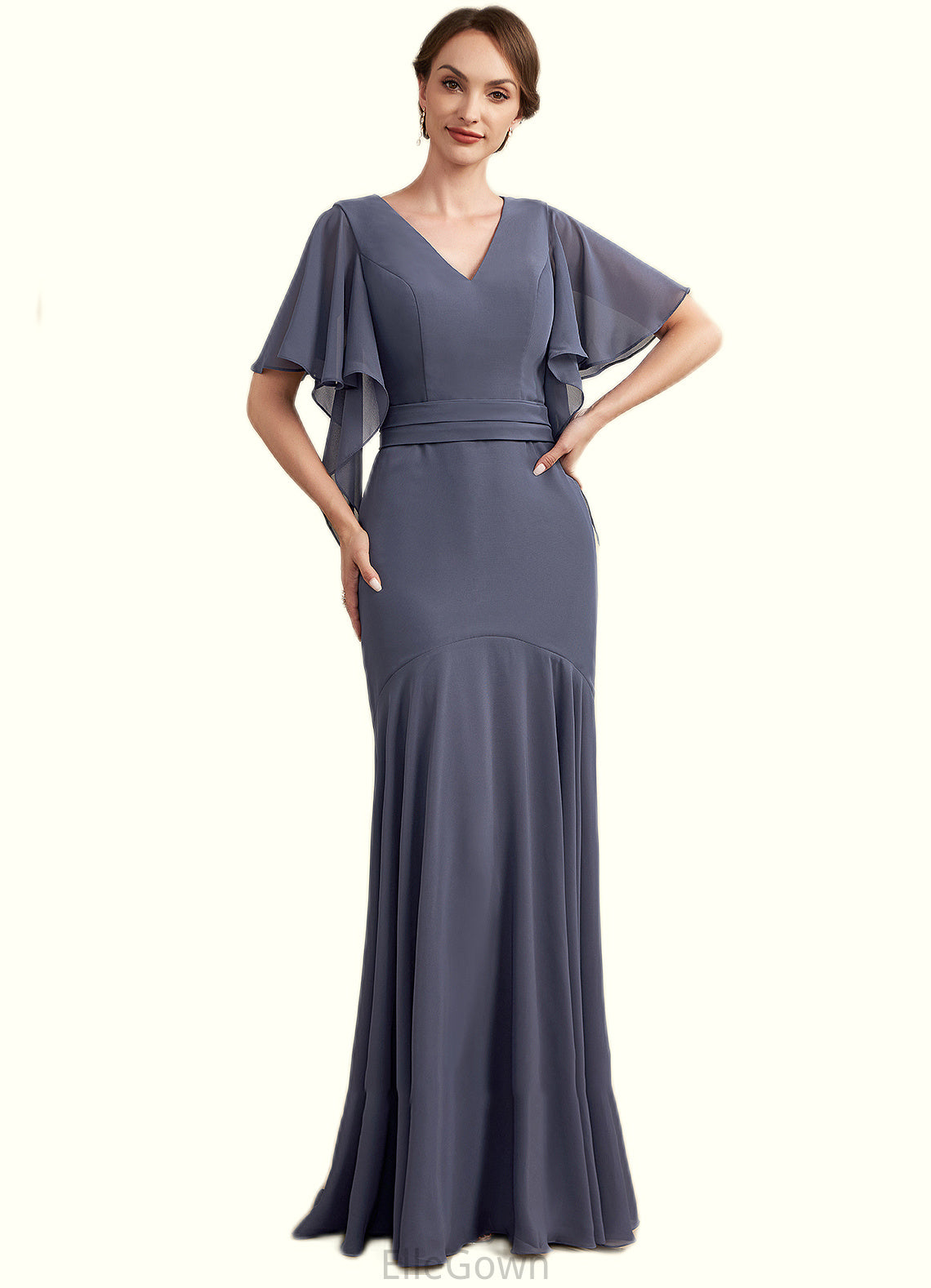 Jamie Trumpet/Mermaid V-neck Floor-Length Chiffon Mother of the Bride Dress DE126P0014951