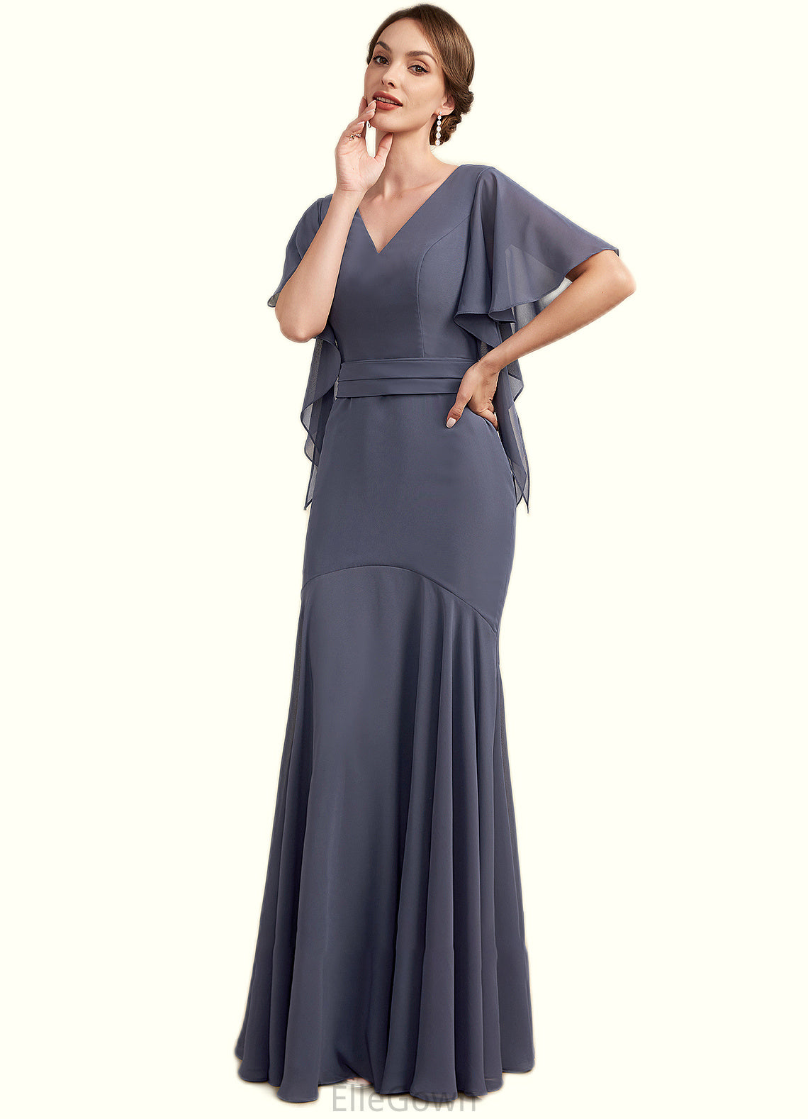 Jamie Trumpet/Mermaid V-neck Floor-Length Chiffon Mother of the Bride Dress DE126P0014951