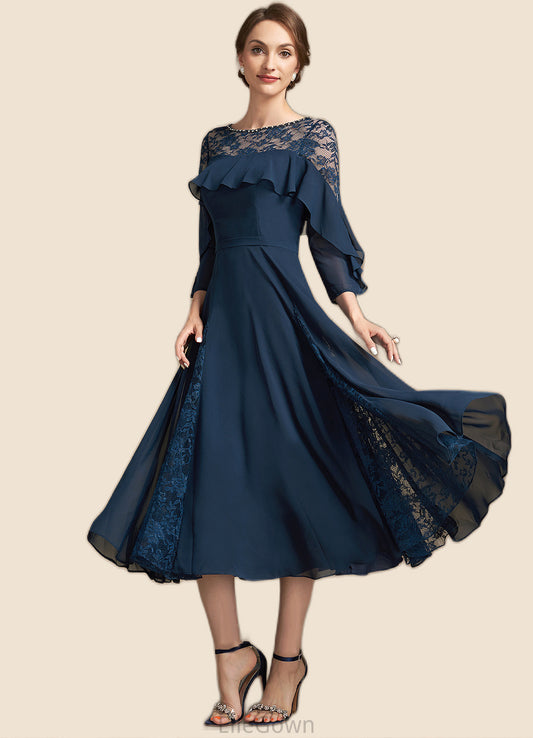 Kaylie A-Line Scoop Neck Tea-Length Chiffon Lace Mother of the Bride Dress With Beading Cascading Ruffles DE126P0014952