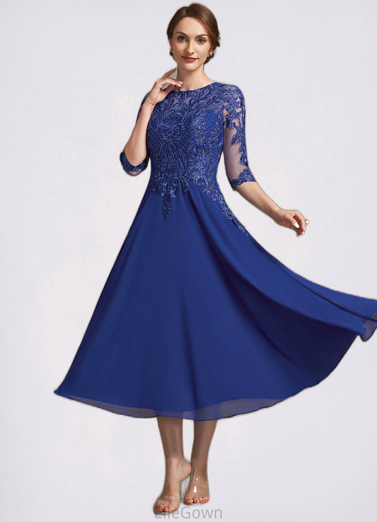 Brooklyn A-Line Scoop Neck Tea-Length Chiffon Lace Mother of the Bride Dress With Sequins DE126P0014959