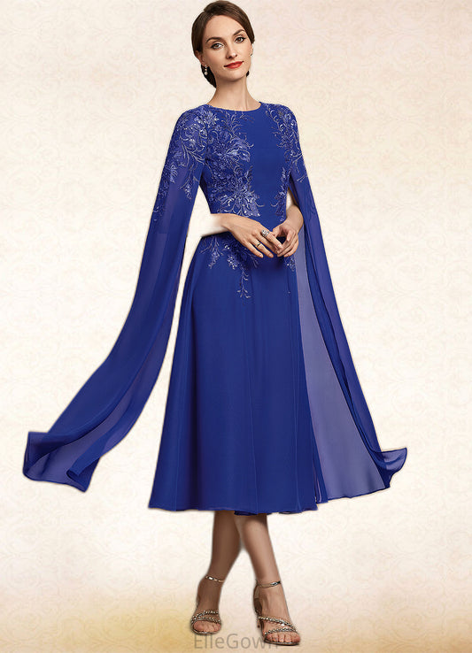 Zoe A-Line Scoop Neck Tea-Length Chiffon Lace Mother of the Bride Dress With Sequins DE126P0014960