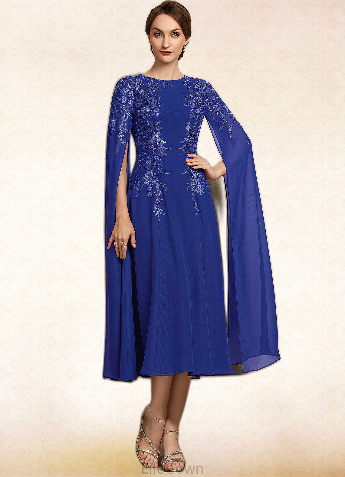 Zoe A-Line Scoop Neck Tea-Length Chiffon Lace Mother of the Bride Dress With Sequins DE126P0014960