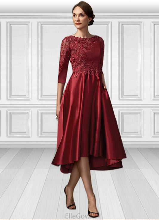 Lilian A-Line Scoop Neck Asymmetrical Satin Lace Mother of the Bride Dress With Sequins Pockets DE126P0014962