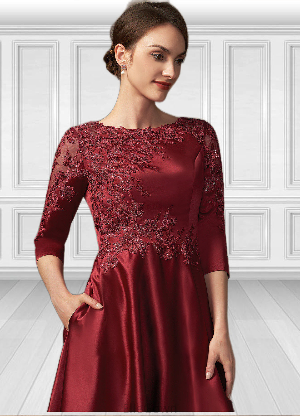 Lilian A-Line Scoop Neck Asymmetrical Satin Lace Mother of the Bride Dress With Sequins Pockets DE126P0014962