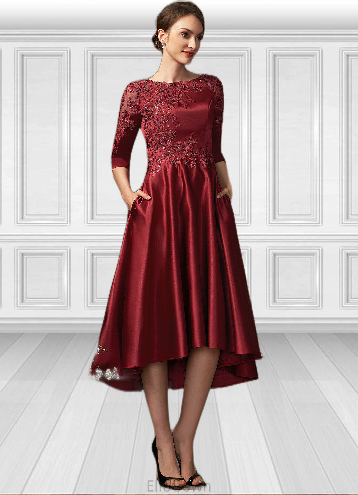 Lilian A-Line Scoop Neck Asymmetrical Satin Lace Mother of the Bride Dress With Sequins Pockets DE126P0014962