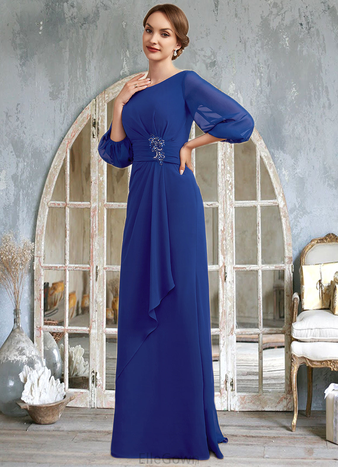 Andrea A-Line Scoop Neck Floor-Length Chiffon Mother of the Bride Dress With Ruffle Beading DE126P0014963