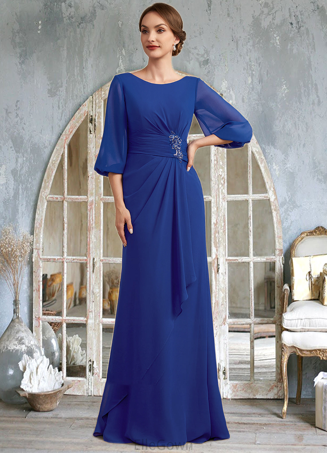 Andrea A-Line Scoop Neck Floor-Length Chiffon Mother of the Bride Dress With Ruffle Beading DE126P0014963