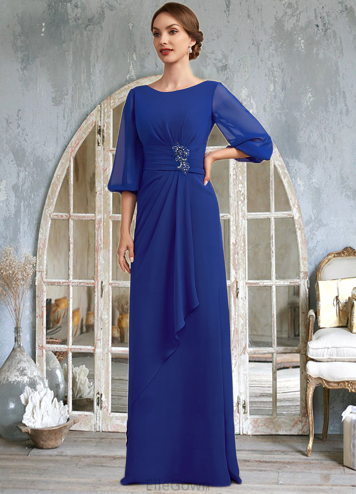 Andrea A-Line Scoop Neck Floor-Length Chiffon Mother of the Bride Dress With Ruffle Beading DE126P0014963