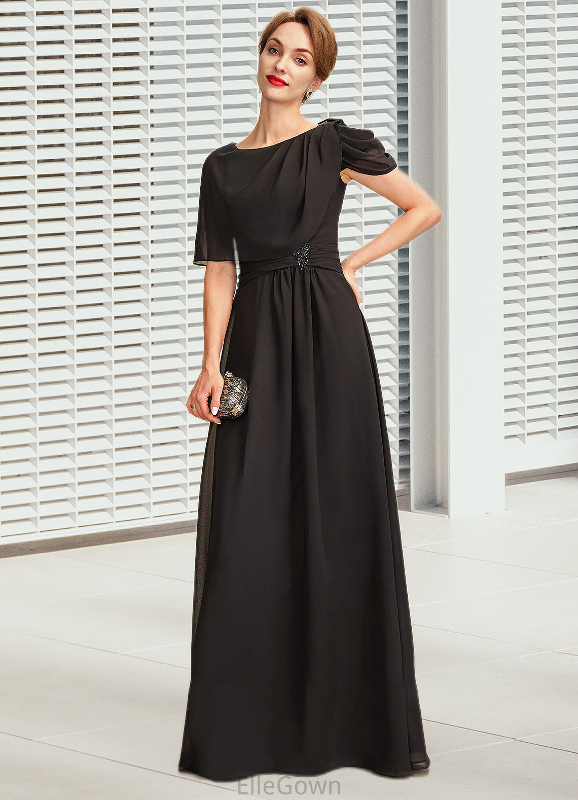 Robin A-Line Scoop Neck Floor-Length Chiffon Mother of the Bride Dress With Ruffle Beading DE126P0014970