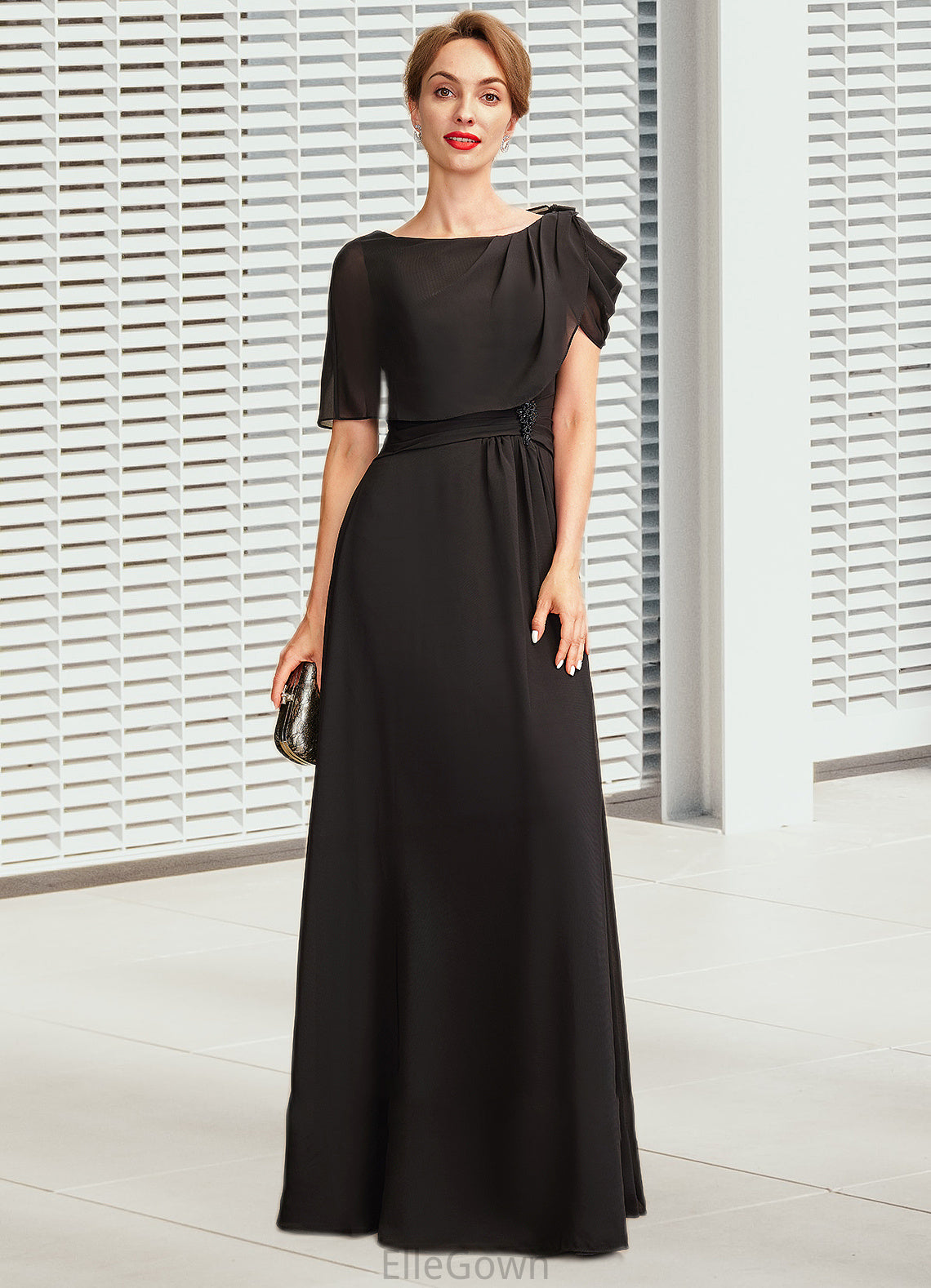 Robin A-Line Scoop Neck Floor-Length Chiffon Mother of the Bride Dress With Ruffle Beading DE126P0014970