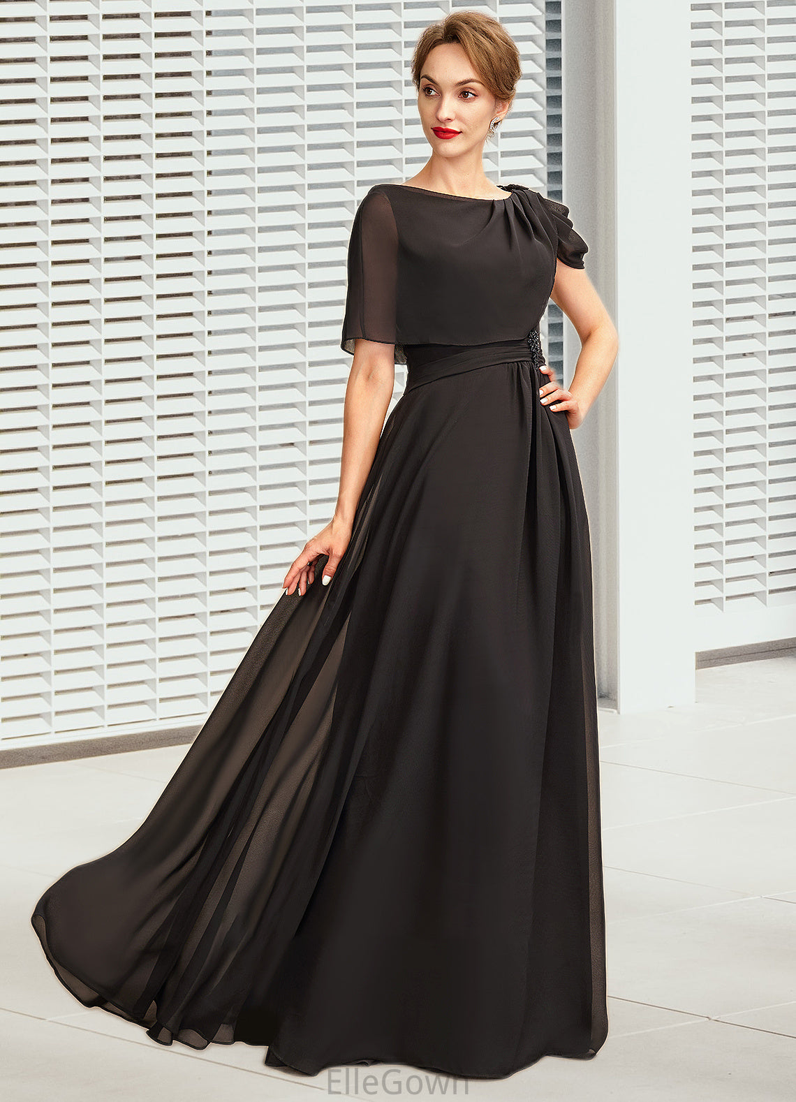 Robin A-Line Scoop Neck Floor-Length Chiffon Mother of the Bride Dress With Ruffle Beading DE126P0014970