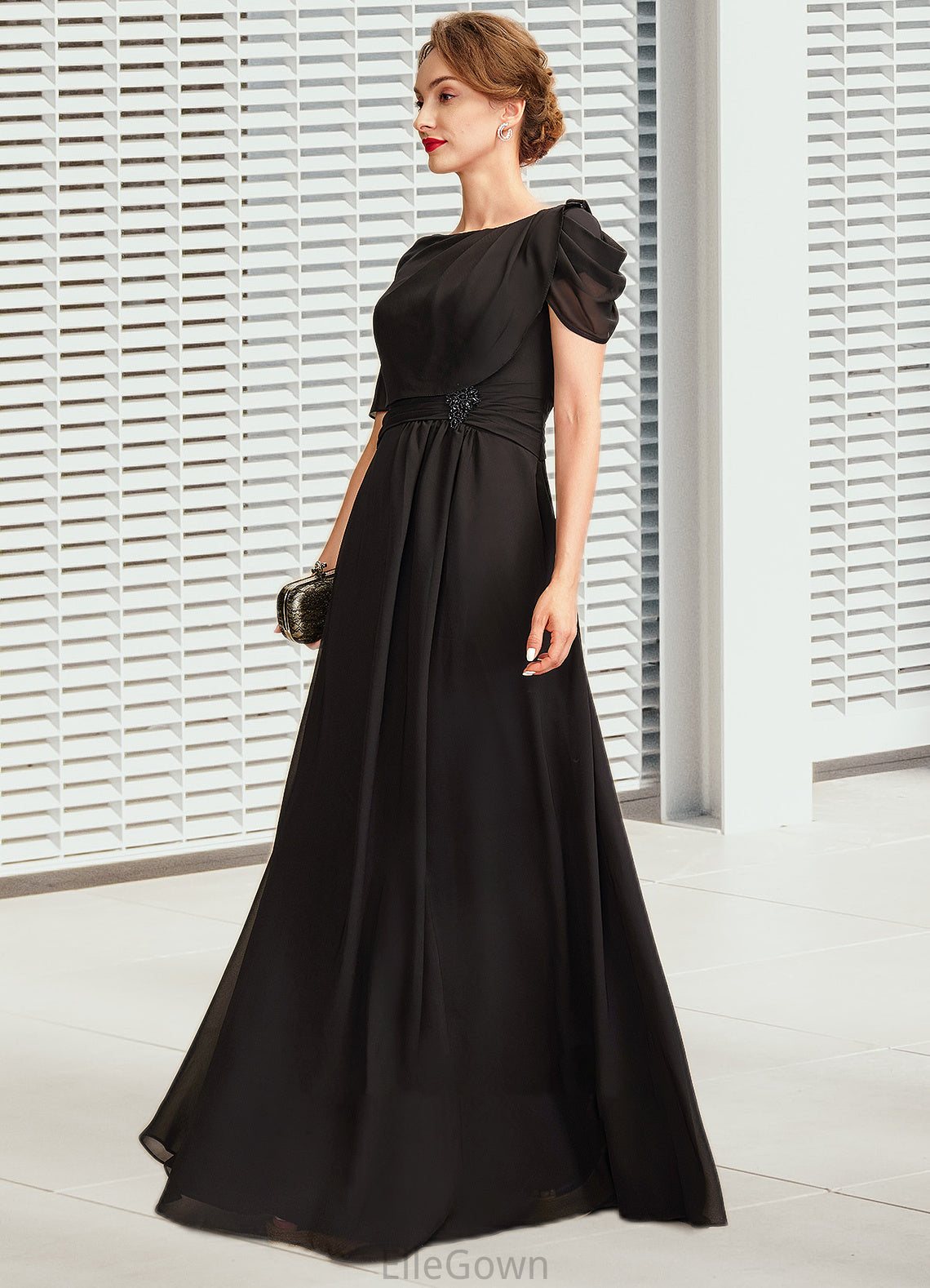 Robin A-Line Scoop Neck Floor-Length Chiffon Mother of the Bride Dress With Ruffle Beading DE126P0014970