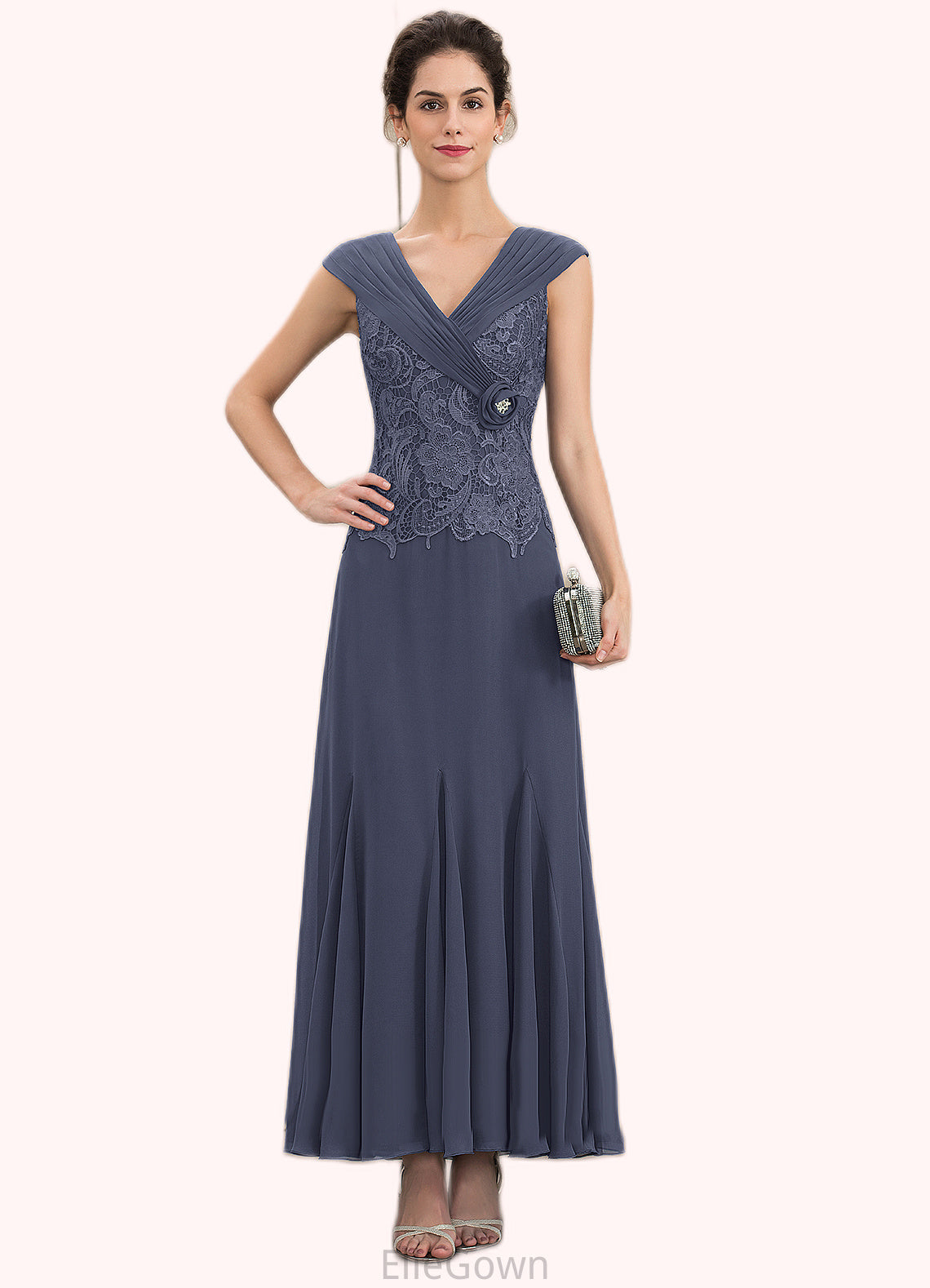 Millie A-Line V-neck Ankle-Length Chiffon Lace Mother of the Bride Dress With Ruffle Beading DE126P0014971