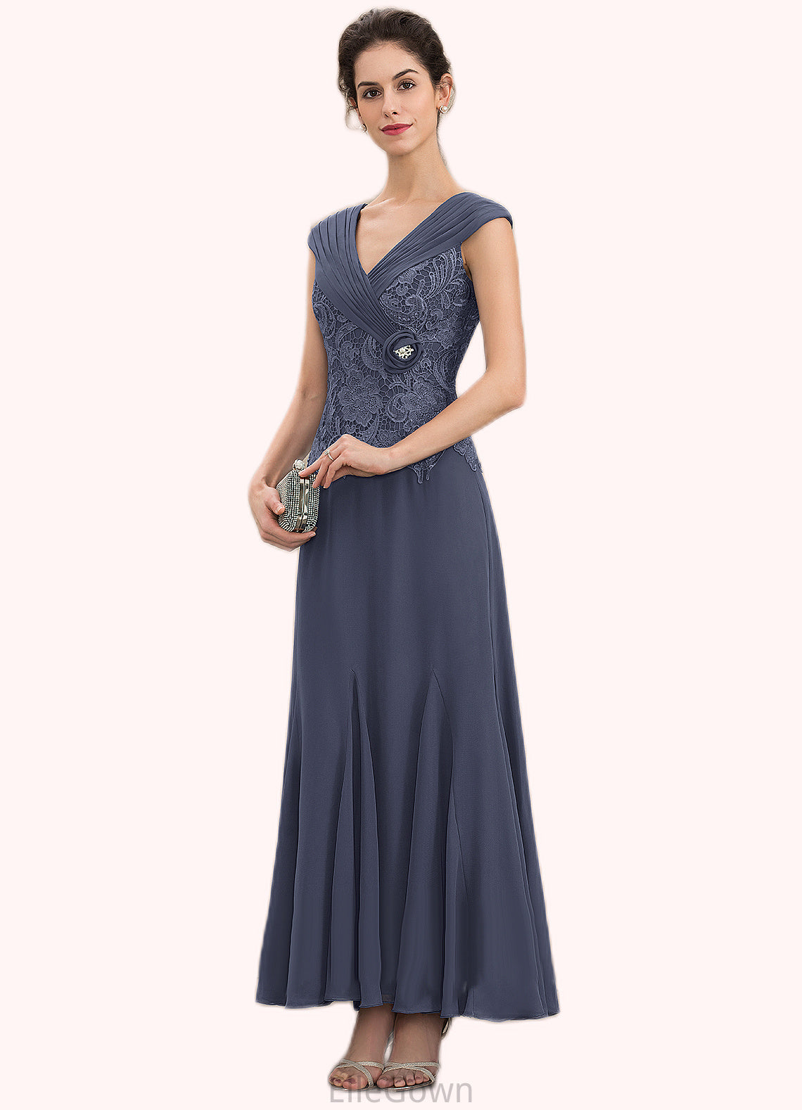 Millie A-Line V-neck Ankle-Length Chiffon Lace Mother of the Bride Dress With Ruffle Beading DE126P0014971