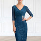 Zaniyah Sheath/Column V-neck Knee-Length Chiffon Lace Mother of the Bride Dress With Crystal Brooch DE126P0014972