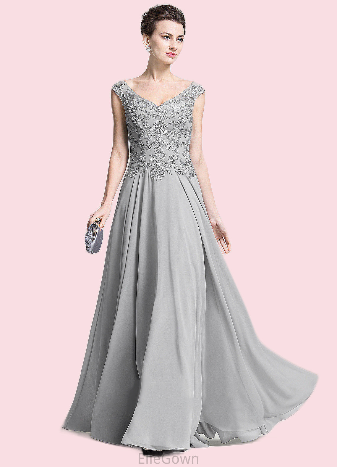 Brooke A-Line V-neck Floor-Length Chiffon Mother of the Bride Dress With Appliques Lace DE126P0014974