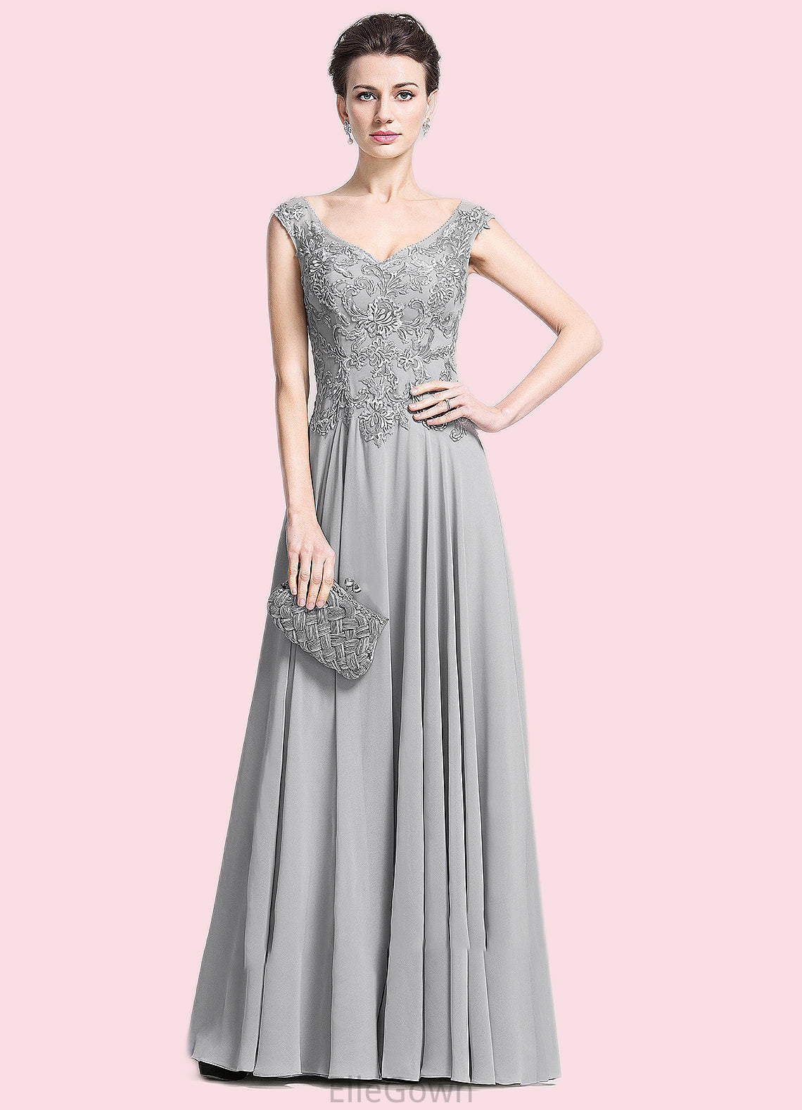 Brooke A-Line V-neck Floor-Length Chiffon Mother of the Bride Dress With Appliques Lace DE126P0014974