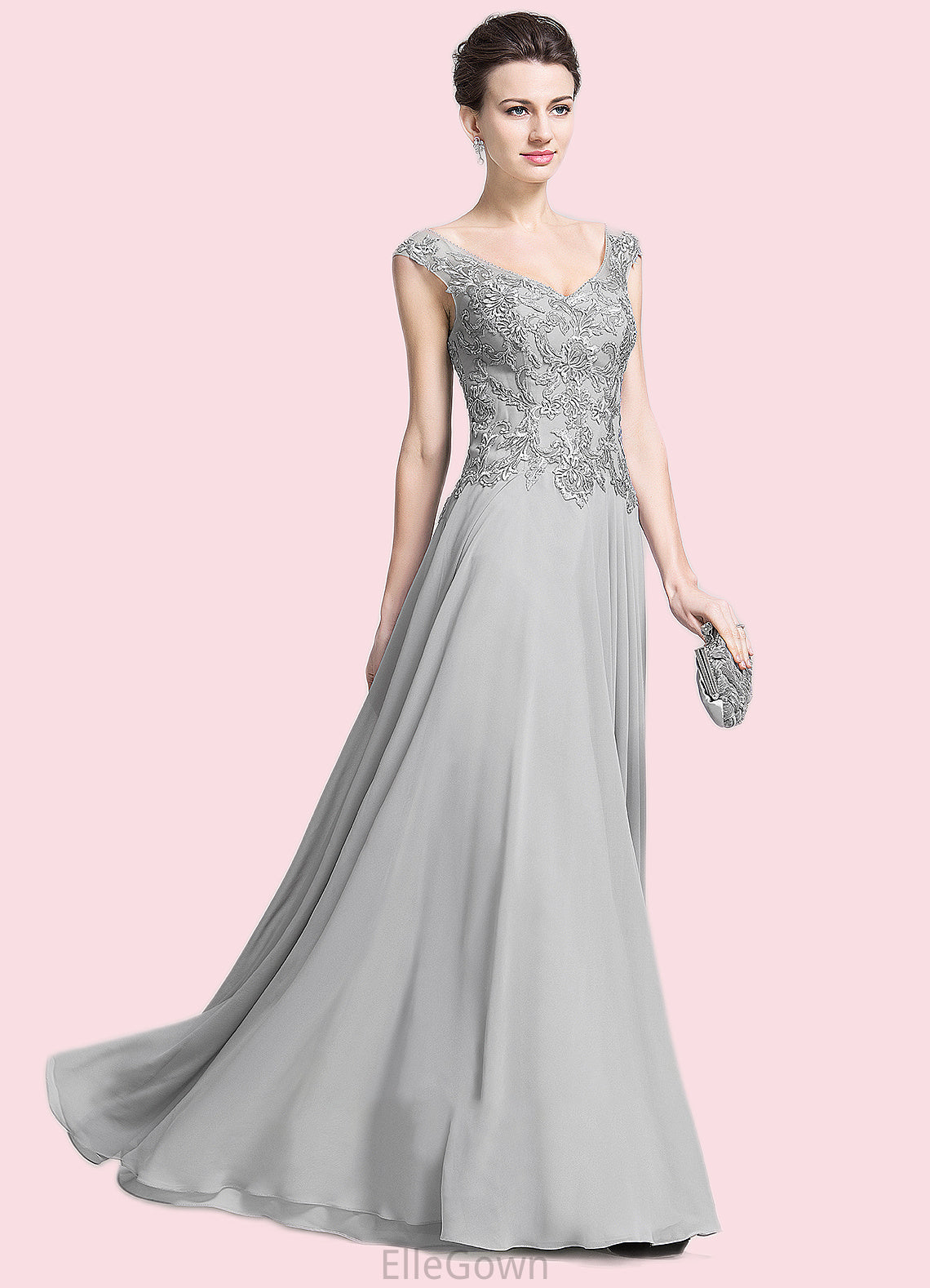 Brooke A-Line V-neck Floor-Length Chiffon Mother of the Bride Dress With Appliques Lace DE126P0014974