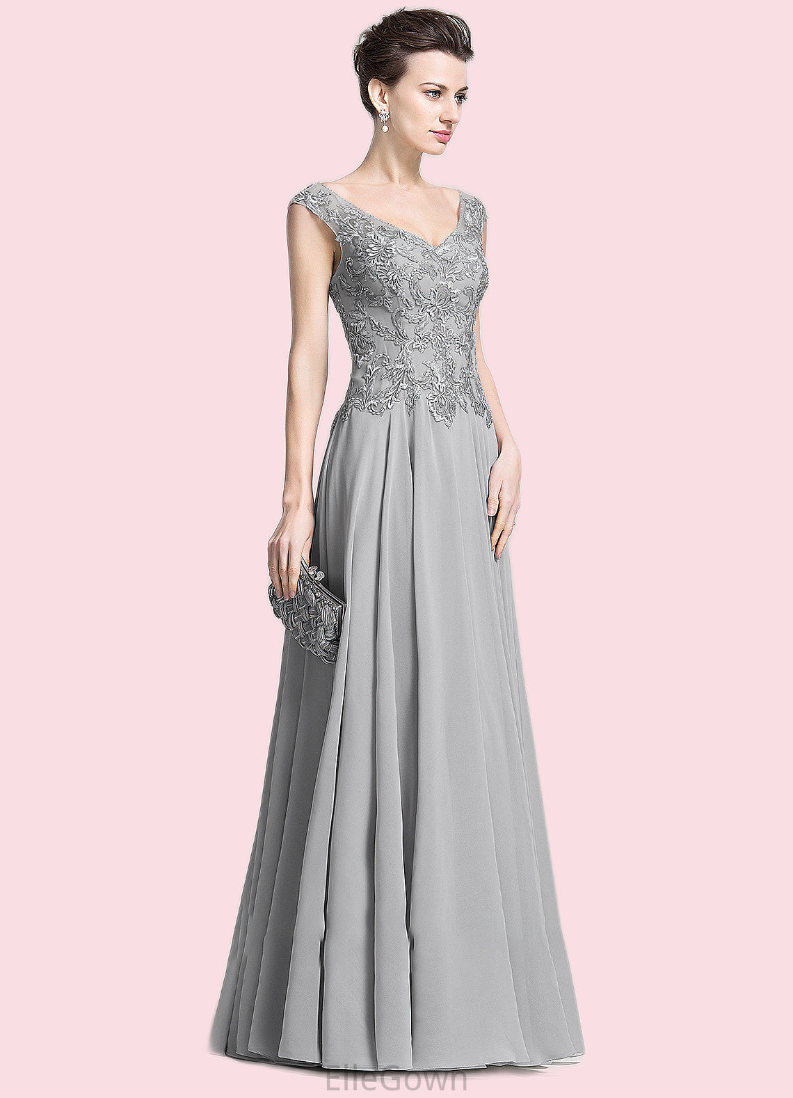 Brooke A-Line V-neck Floor-Length Chiffon Mother of the Bride Dress With Appliques Lace DE126P0014974