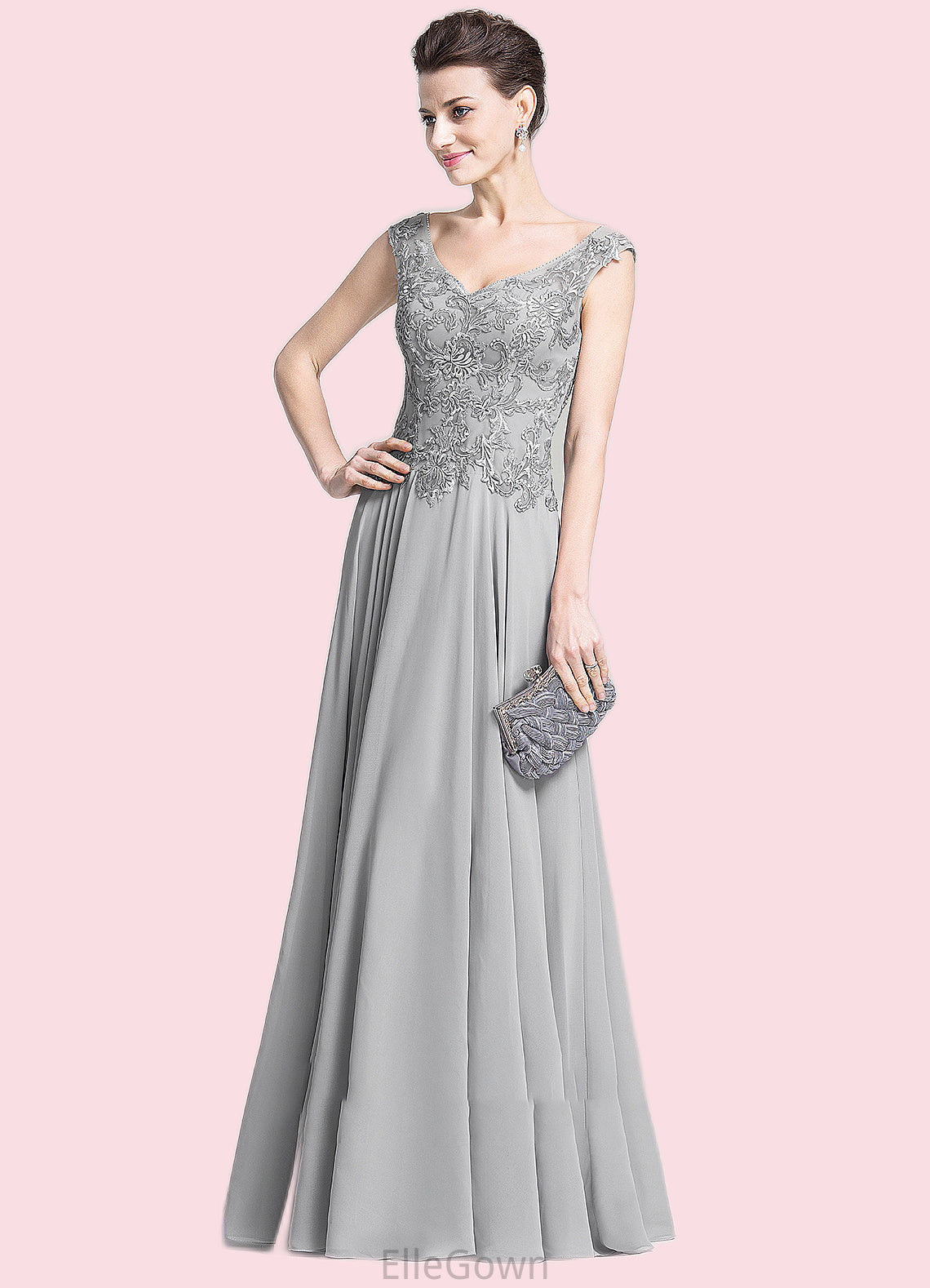 Brooke A-Line V-neck Floor-Length Chiffon Mother of the Bride Dress With Appliques Lace DE126P0014974