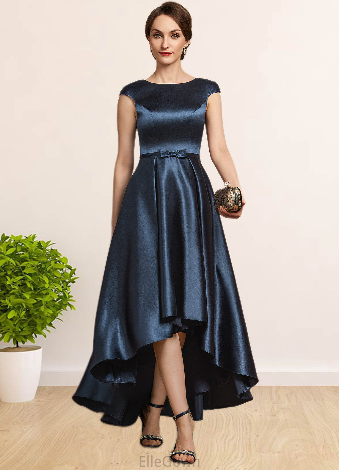 Norma A-Line Scoop Neck Asymmetrical Satin Mother of the Bride Dress With Bow(s) Pockets DE126P0014976