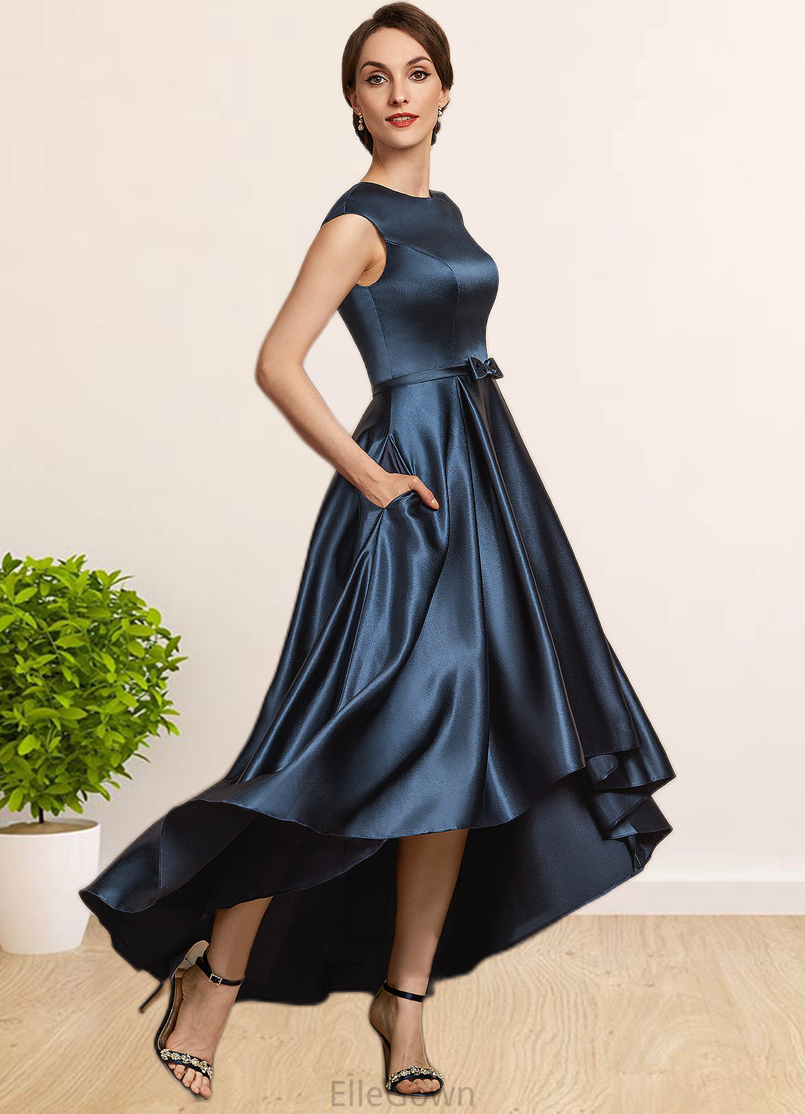 Norma A-Line Scoop Neck Asymmetrical Satin Mother of the Bride Dress With Bow(s) Pockets DE126P0014976