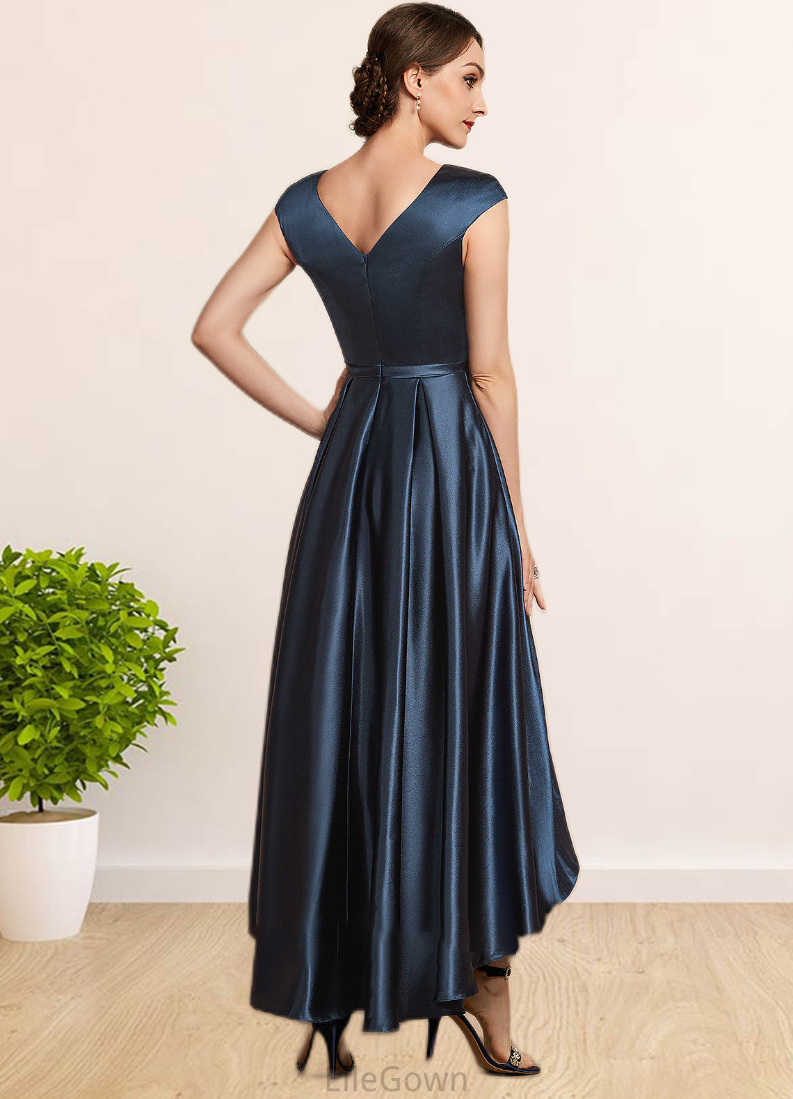 Norma A-Line Scoop Neck Asymmetrical Satin Mother of the Bride Dress With Bow(s) Pockets DE126P0014976