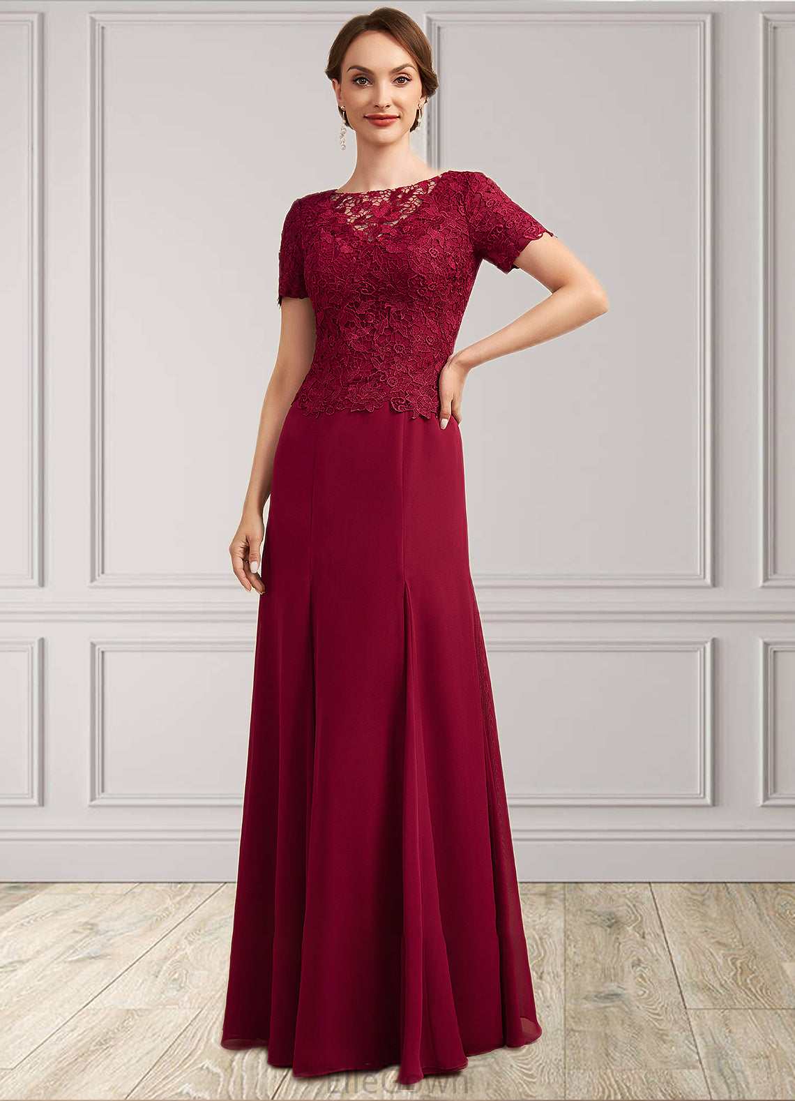 Jaylen Trumpet/Mermaid Scoop Neck Floor-Length Chiffon Lace Mother of the Bride Dress DE126P0014979