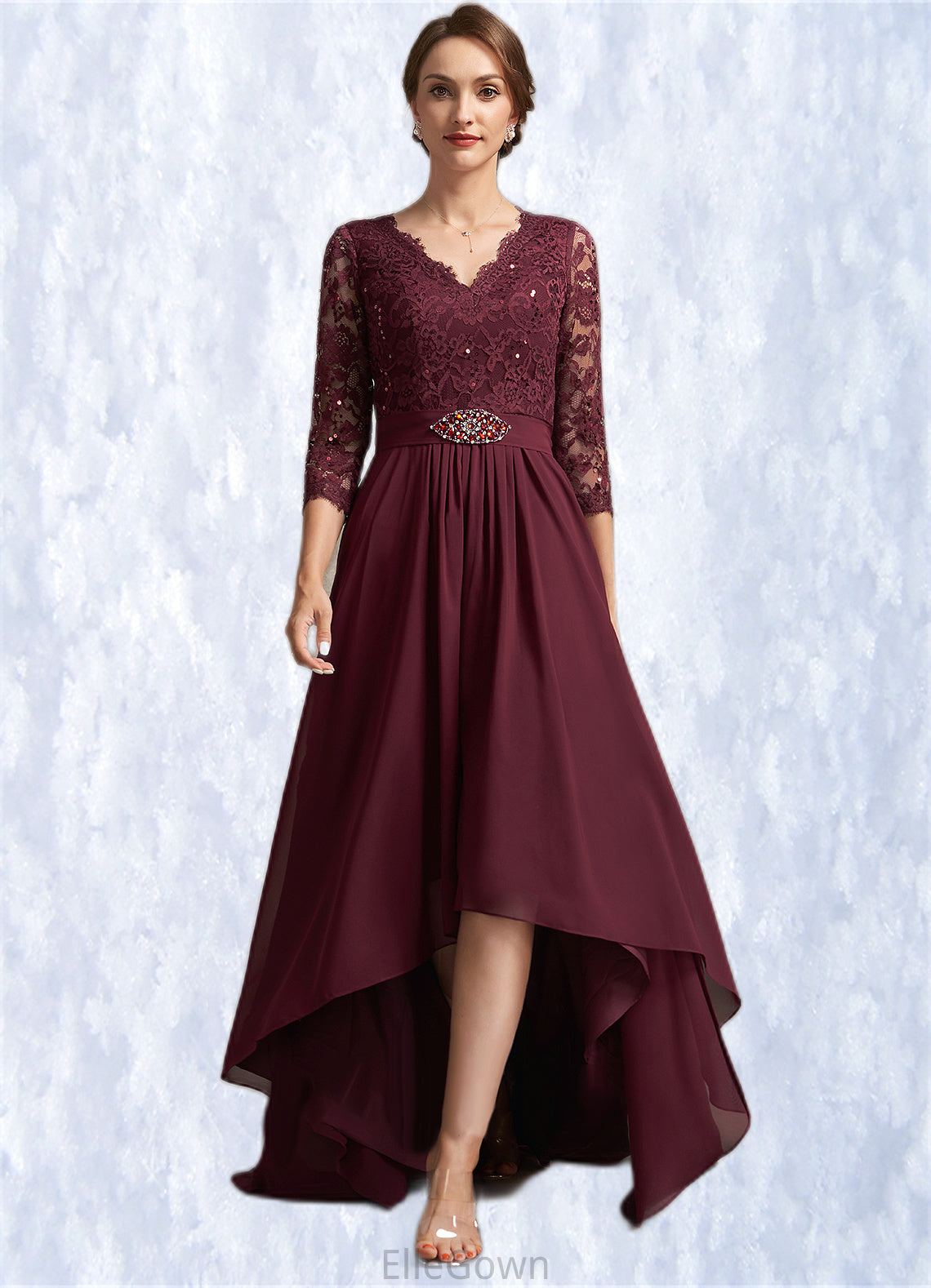 Fernanda A-Line V-neck Asymmetrical Chiffon Lace Mother of the Bride Dress With Beading Sequins DE126P0014980