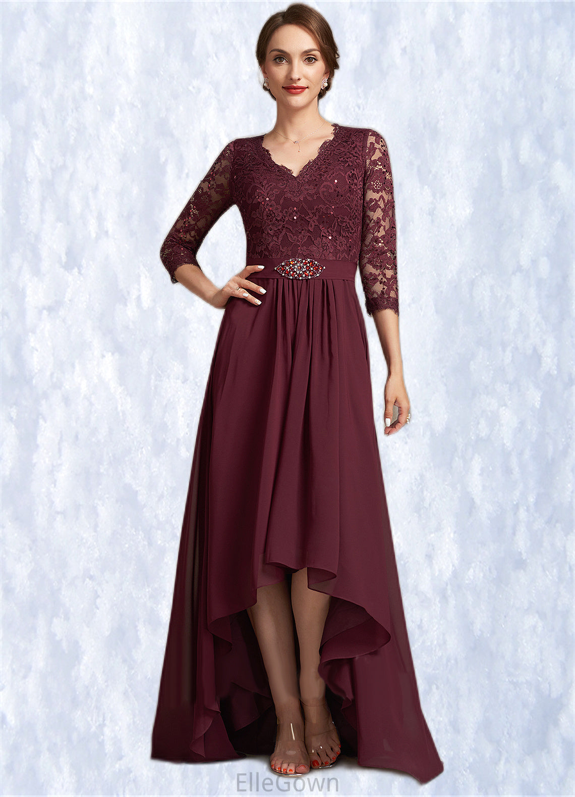 Fernanda A-Line V-neck Asymmetrical Chiffon Lace Mother of the Bride Dress With Beading Sequins DE126P0014980