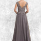 Ava A-Line/Princess V-neck Floor-Length Tulle Lace Mother of the Bride Dress With Sequins DE126P0014985