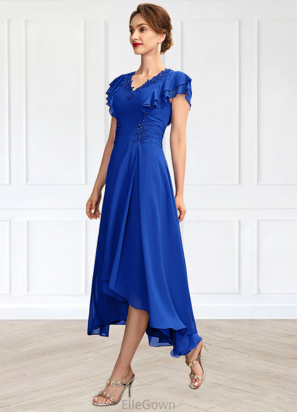 Yesenia A-Line V-neck Asymmetrical Chiffon Mother of the Bride Dress With Beading Appliques Lace Sequins Cascading Ruffles DE126P0014994