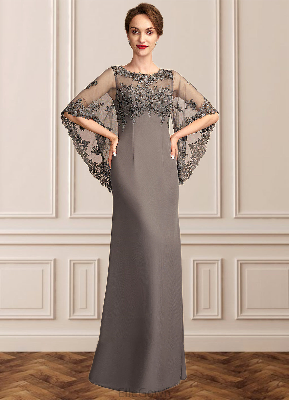 Genevieve Sheath/Column Scoop Neck Floor-Length Chiffon Lace Mother of the Bride Dress DE126P0014996