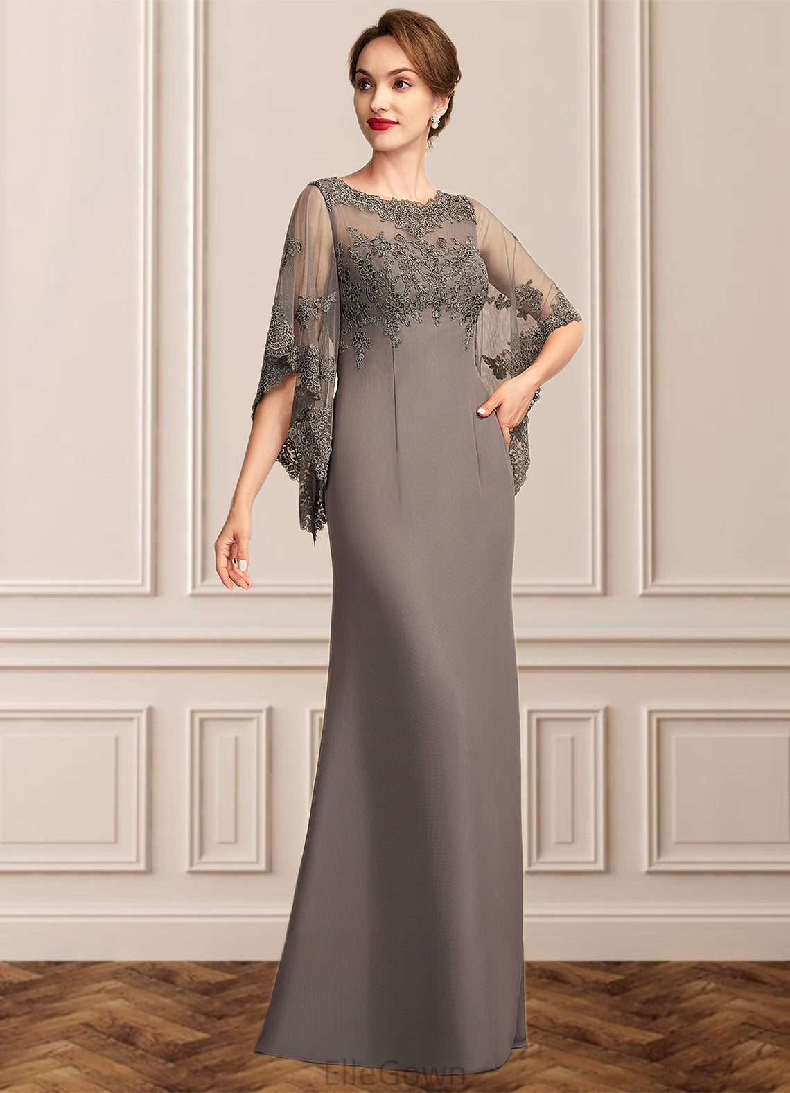 Genevieve Sheath/Column Scoop Neck Floor-Length Chiffon Lace Mother of the Bride Dress DE126P0014996