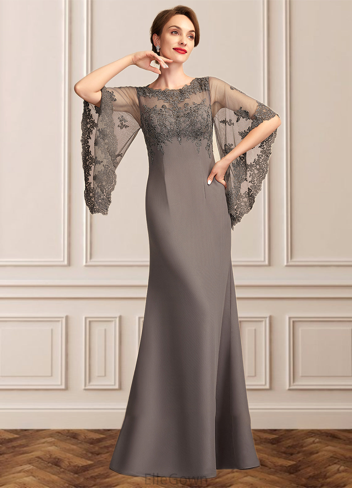 Genevieve Sheath/Column Scoop Neck Floor-Length Chiffon Lace Mother of the Bride Dress DE126P0014996