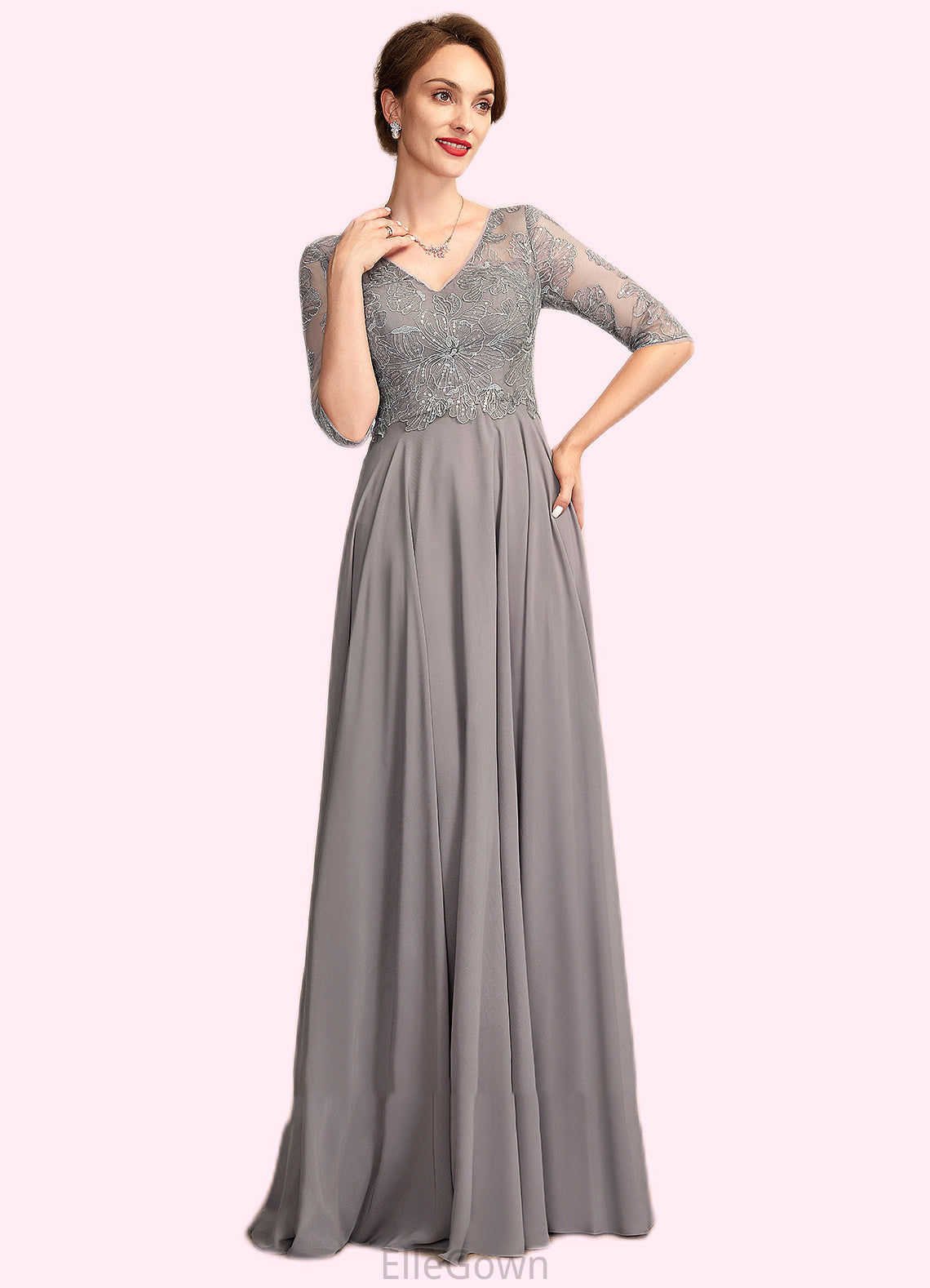 Catalina A-Line V-neck Floor-Length Chiffon Lace Mother of the Bride Dress With Sequins DE126P0014999